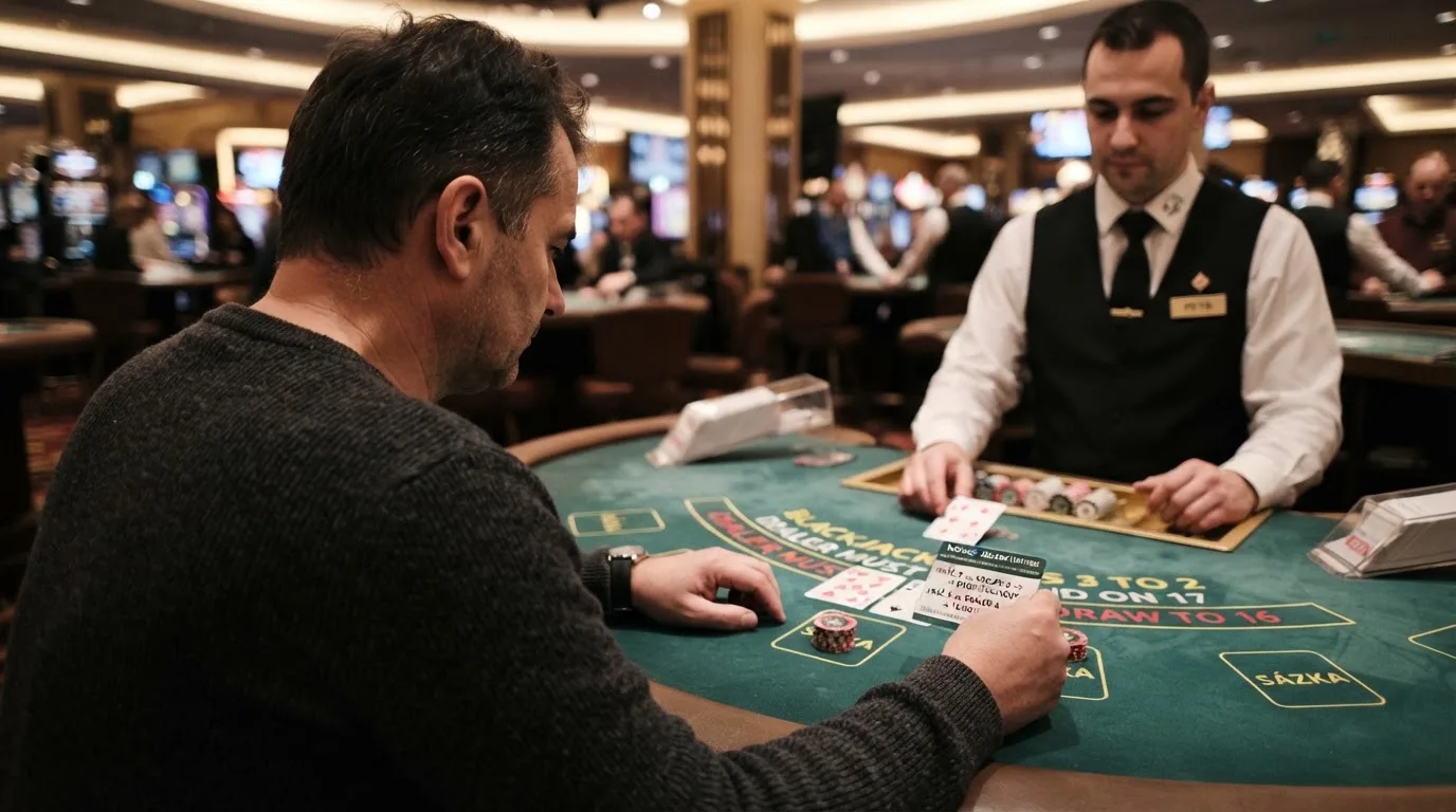 Hráč u živého blackjackového stolu konzultuje tabulku základní strategie.
