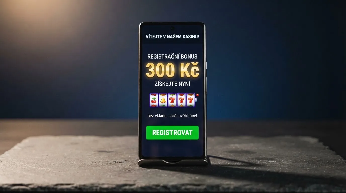 Koláž tří výhod — ikona zatočení zdarma, bankovka 300 Kč a tlačítko registrace