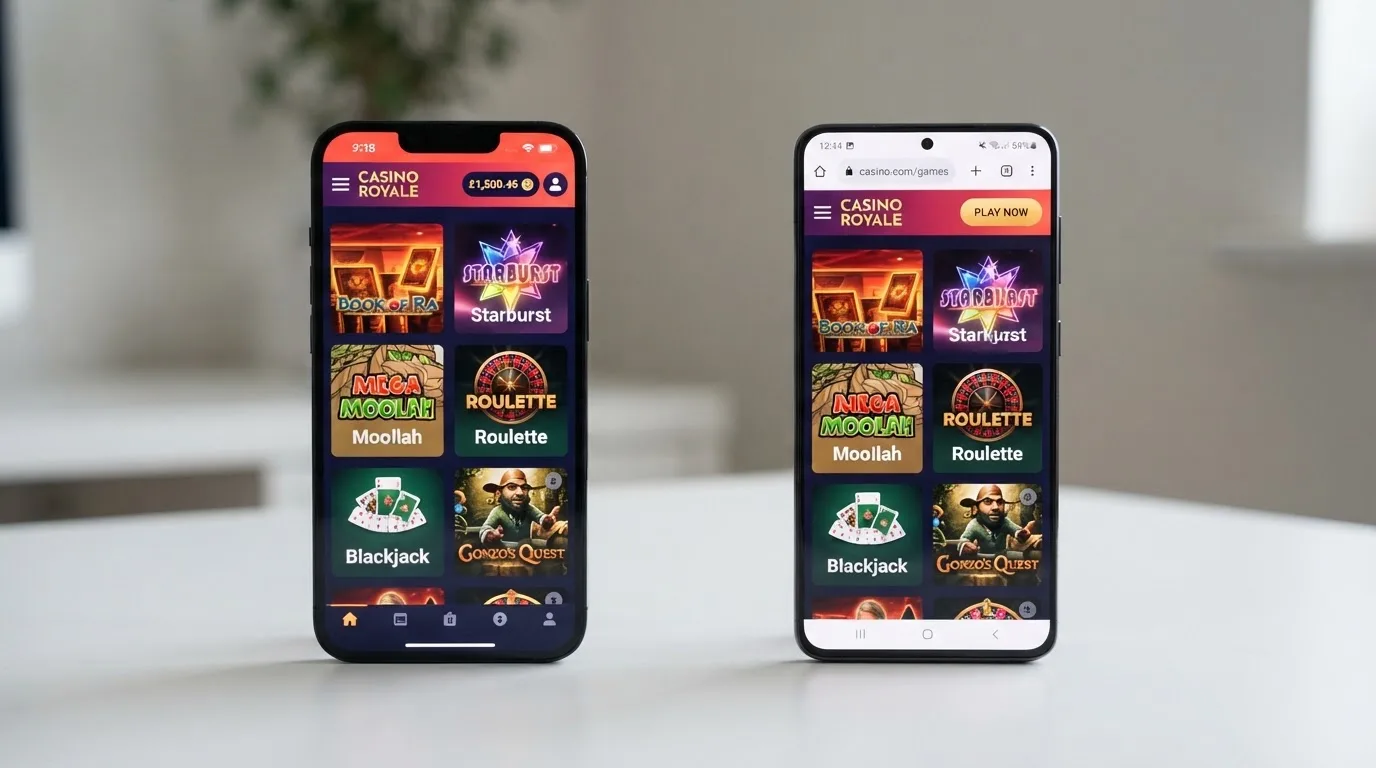 Dva mobilní telefony vedle sebe — levý s otevřenou nativní casino aplikací, pravý se stejnou hrou v mobilním prohlížeči