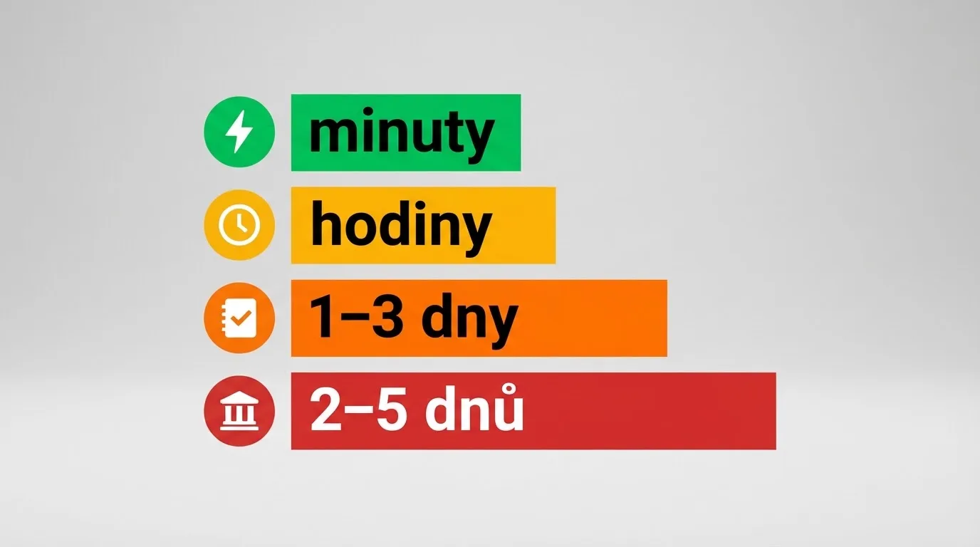 Infografika srovnávající čtyři platební metody podle času — od minut po dny