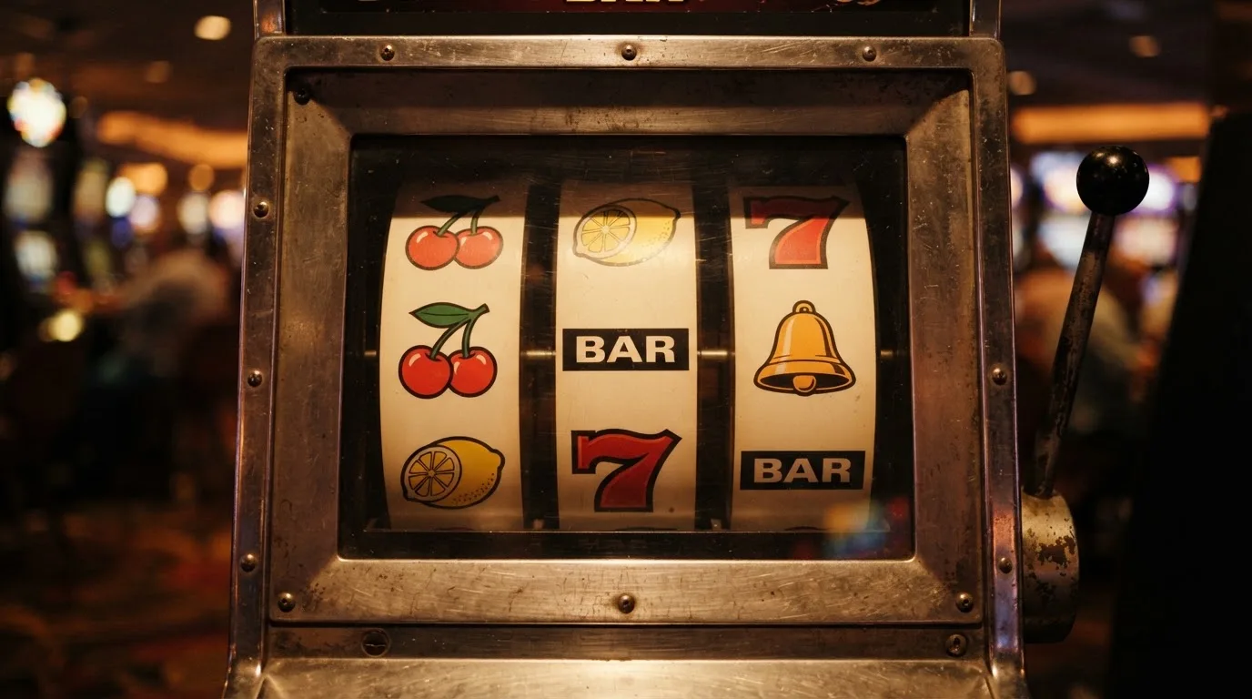Detailní pohled na tříválcový automat 3×3 s klasickými symboly — třešně, citrony, zvonek, BAR a sedmička — v retro provedení s kovovým rámem