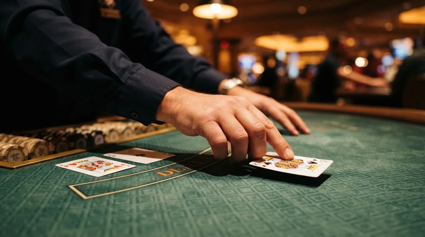 Krupiér v detailním záběru, jak rozdává karty hráčům u blackjackového stolu
