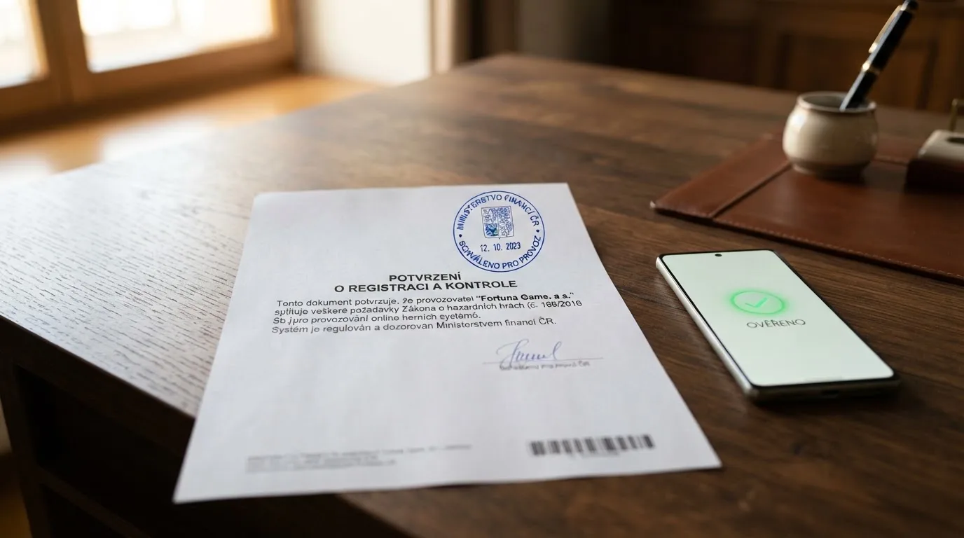 Dokument s razítkem a mobilní telefon na stole, symbol ověřené licence v digitálním světě hazardu