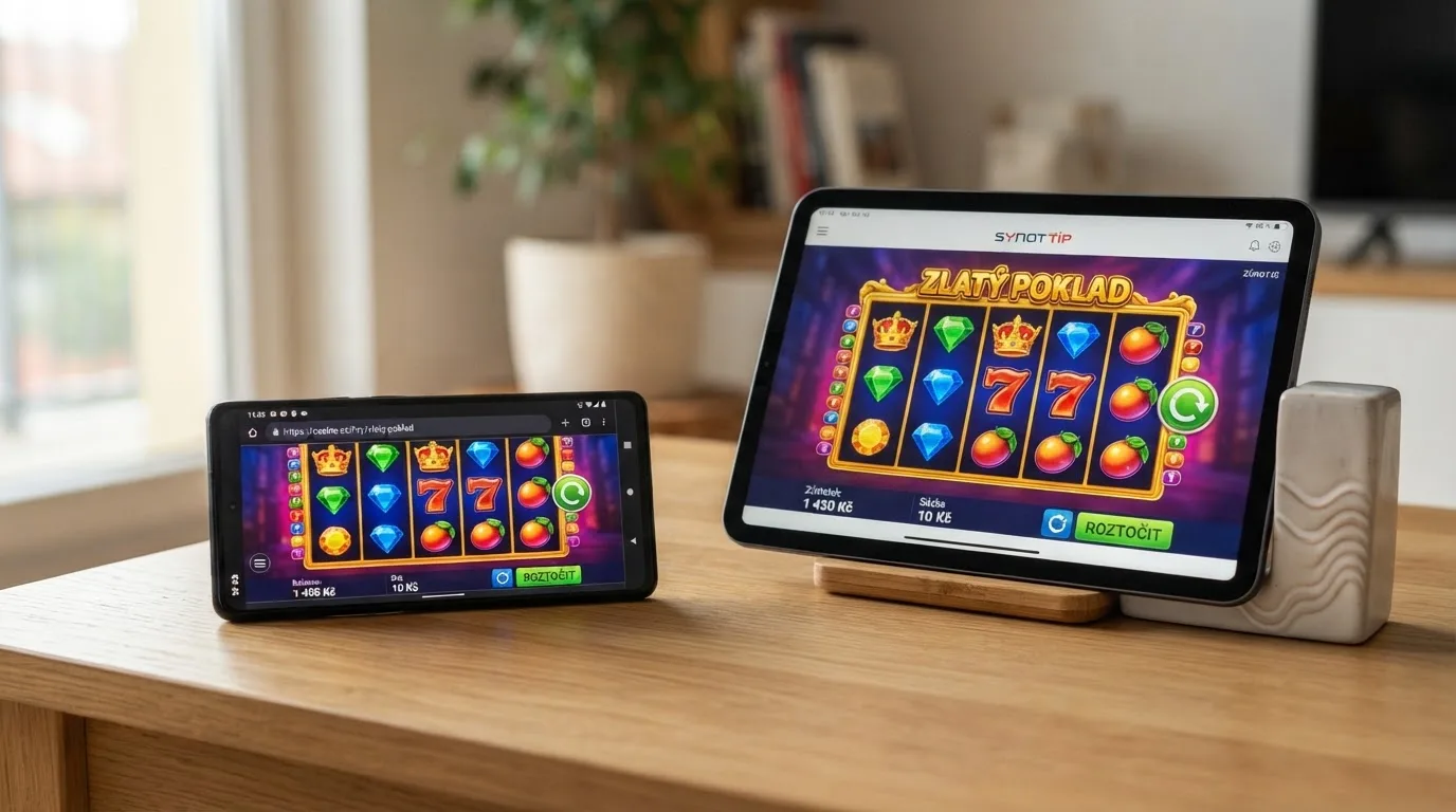Displej mobilního telefonu s otevřeným automatem v prohlížeči Chrome, vedle něj tablet se spuštěnou nativní casino aplikací — obě zařízení ukazují tutéž hru