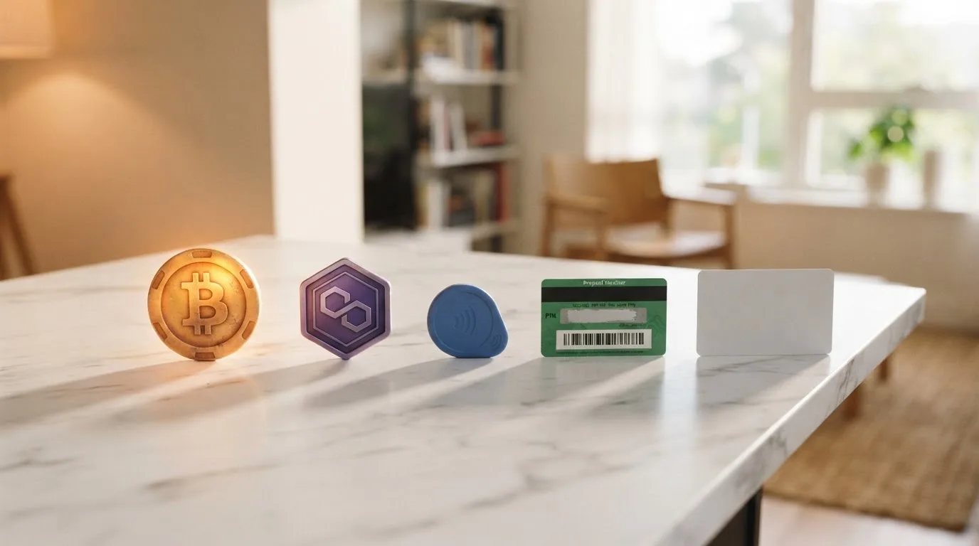 Pět platebních ikon v řadě: Bitcoin, Ethereum, Skrill, Paysafecard a Visa — každá s odlišnou úrovní anonymity