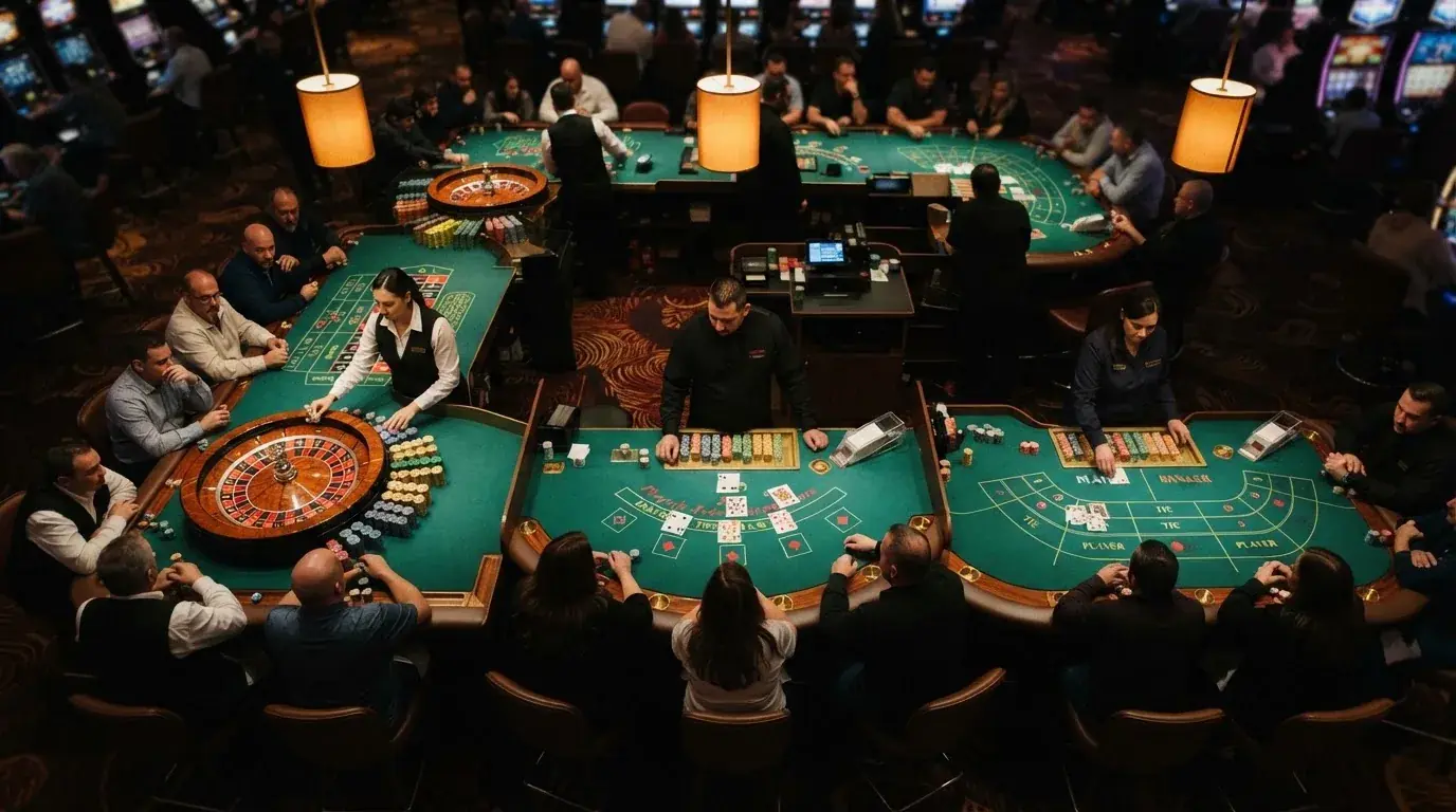 Rozložení živých stolů — ruleta, blackjack a baccarat vedle sebe na přehledné herní ploše