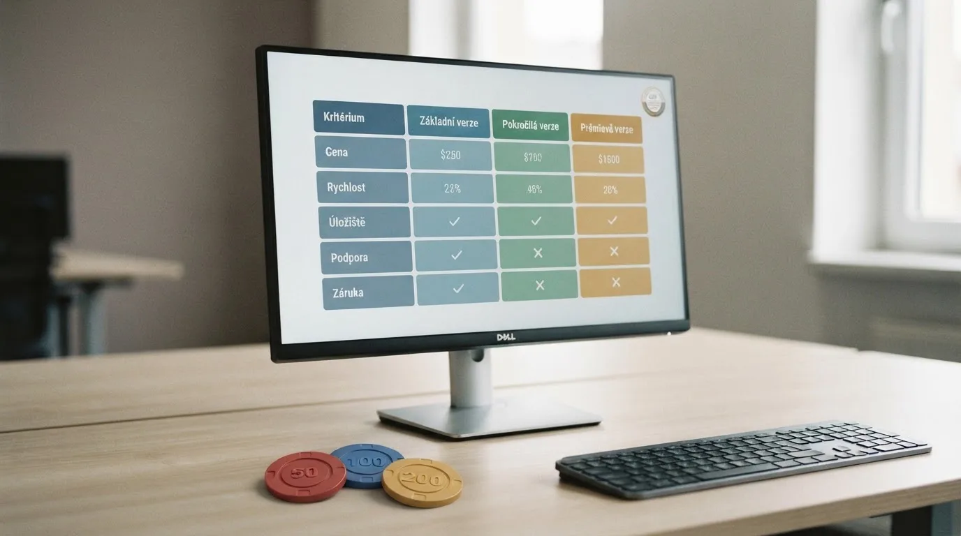 Srovnávací tabulka na monitoru, v popředí logo české licence a žetony s počty 50, 100, 150, 200