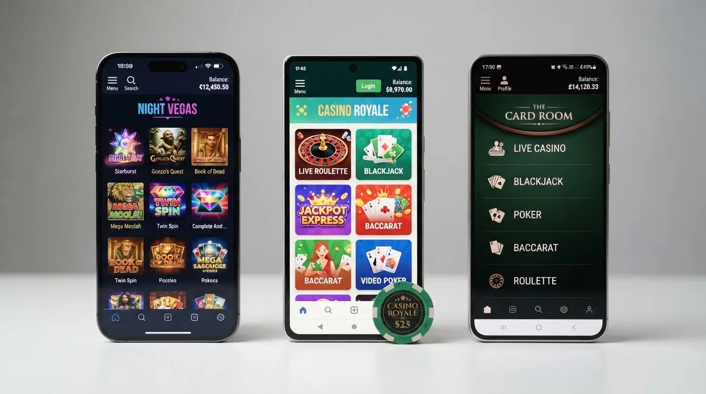 Koláž obrazovek mobilních aplikací tří českých kasin vedle sebe, různé lobby, stejné licenční standardy