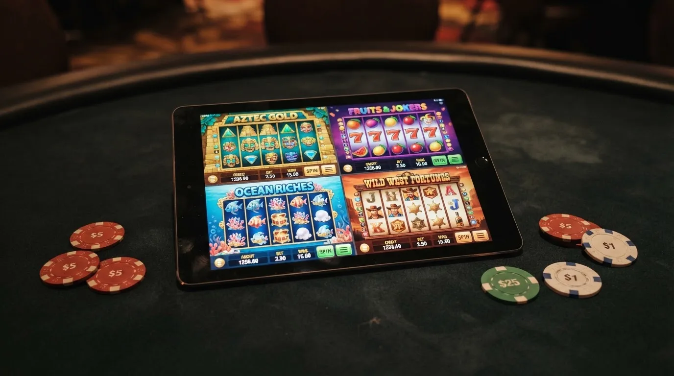 Dlaždice automatů s názvy Respin Joker, 100 Hot Wild, Multi Vegas 81, Kancelářská 81 — každý s odlišným vizuálním stylem