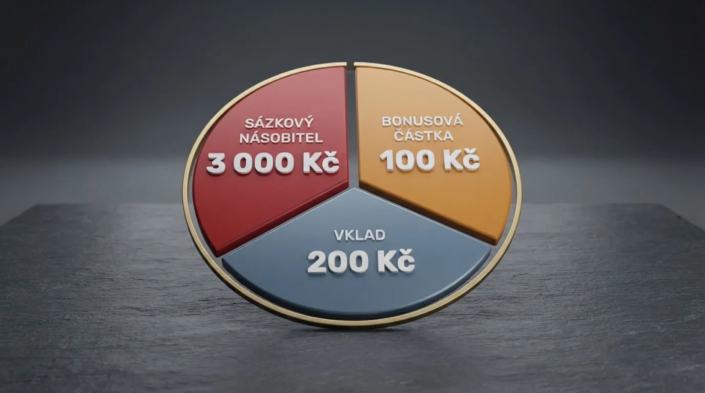 Roztočený kruhový diagram rozdělený na části — bonus, vklad, wagering násobek — s částkou v korunách u každé části